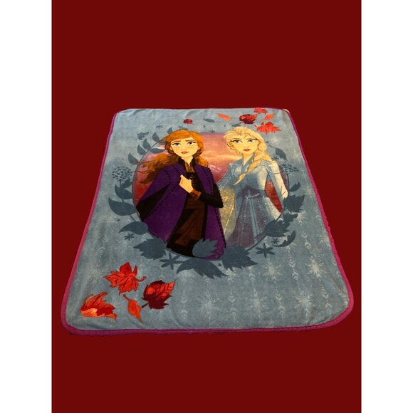 Disney Frozen II Fleece Blanket – Anna & Elsa – Blue with Red Trim – 50 x 40" - Picture 1 of 3